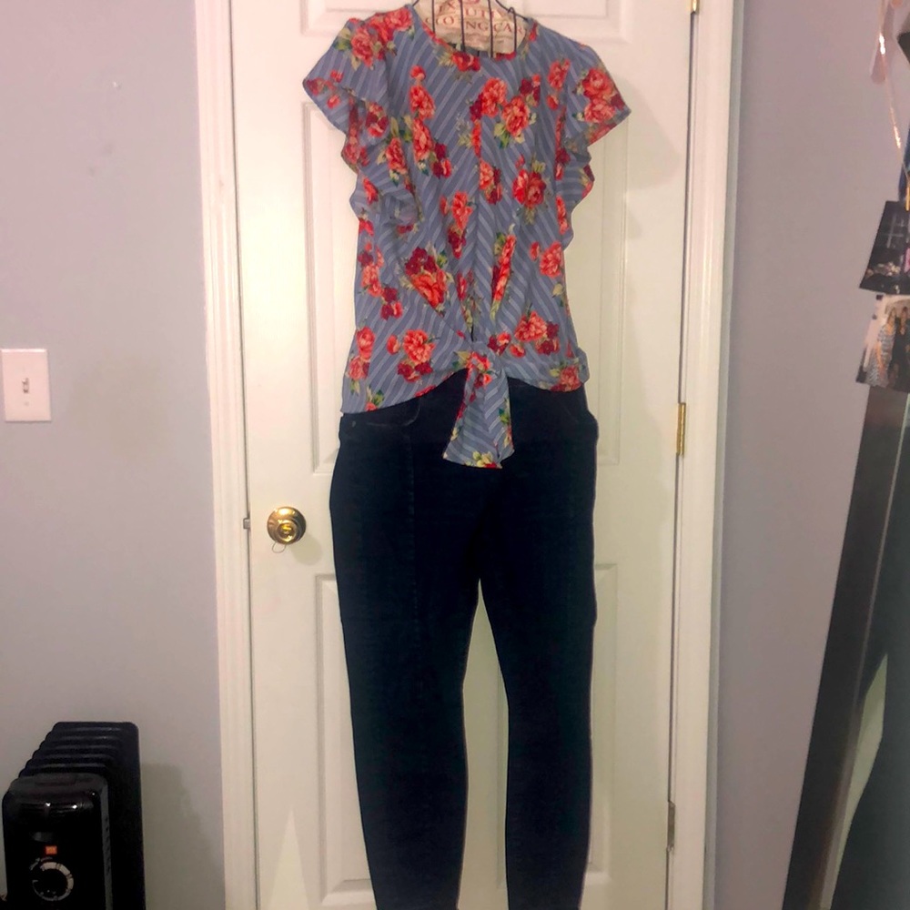 Tie Front Shirt & Loft Blue Jeans